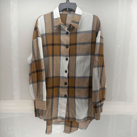 Cupshe Long Sleeve Plaid Flannel Brown White Button Shirt Size Large EUC - Picture 1 of 5